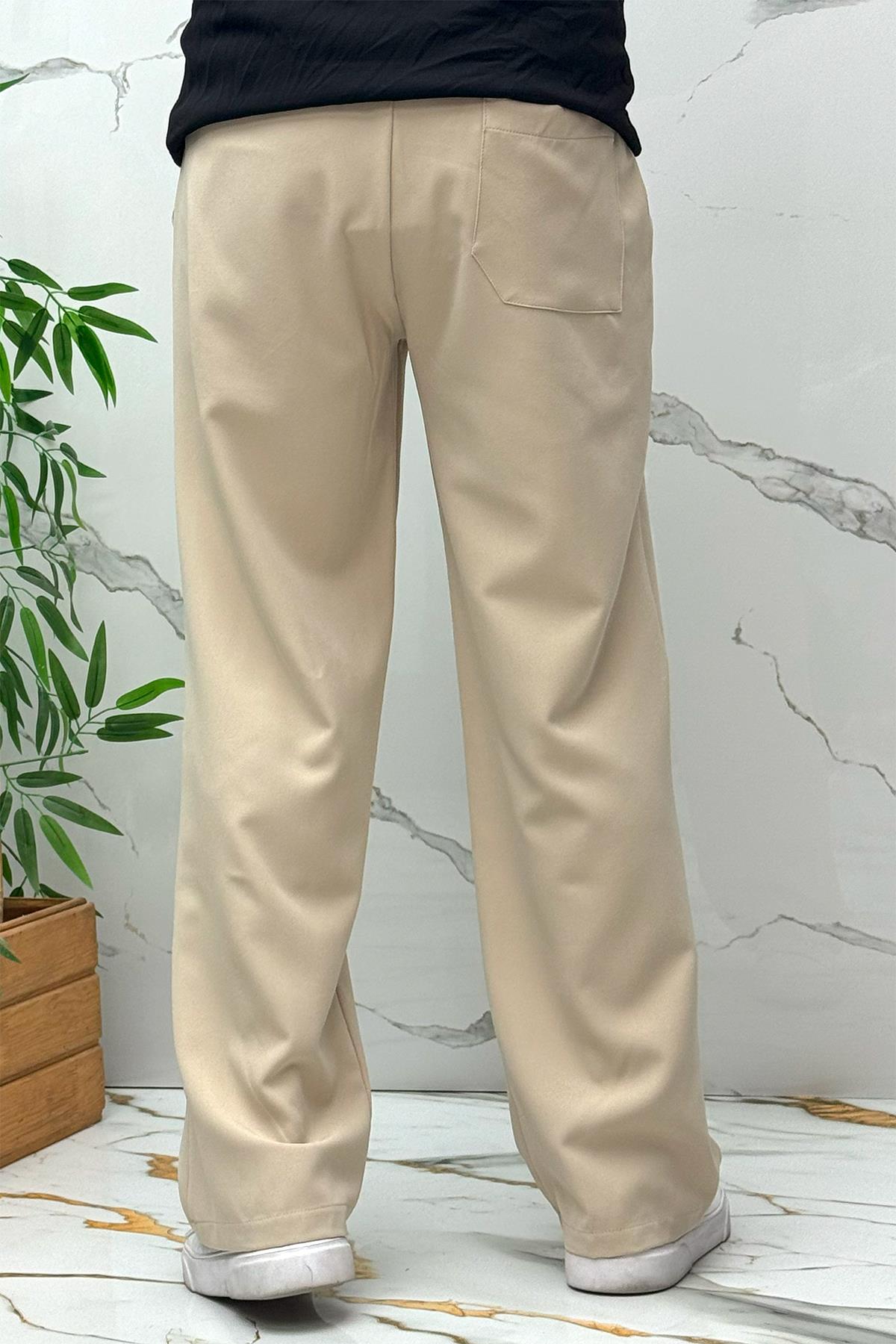 Erkek Baggy Geniş Kesim Pantolon Double Kumaş Yazlık - Bej