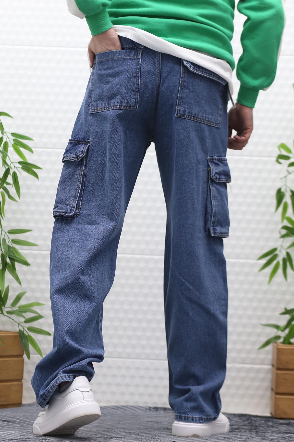 Erkek Baggy Kot Pantolon Kargo Cepli - Mavi