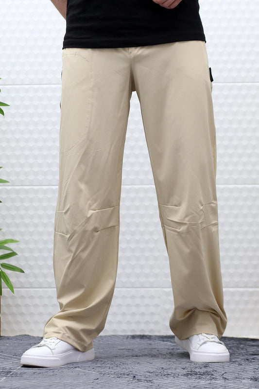 Erkek Baggy Pantolon Diz Detaylı Paraşüt Kumaş - Bej