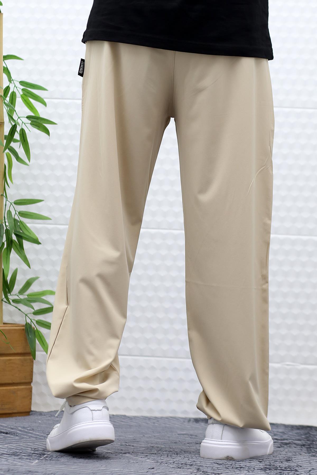 Erkek Baggy Pantolon Paçası Cırt Cırtlı Paraşüt Kumaş - Bej