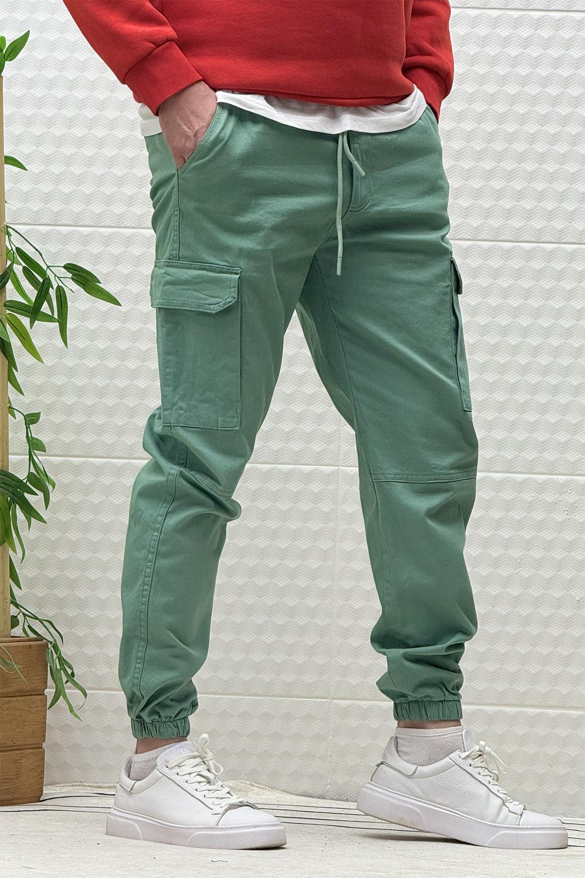Erkek Beli Lastikli Likralı Kargo Cepli Gabardin Pantalon - Yeşil