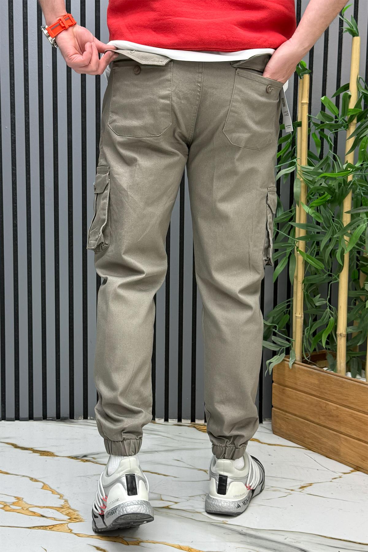 Erkek Beli Lastikli Likralı Kargo Cepli Gabardin Pantalon - Taş Rengi