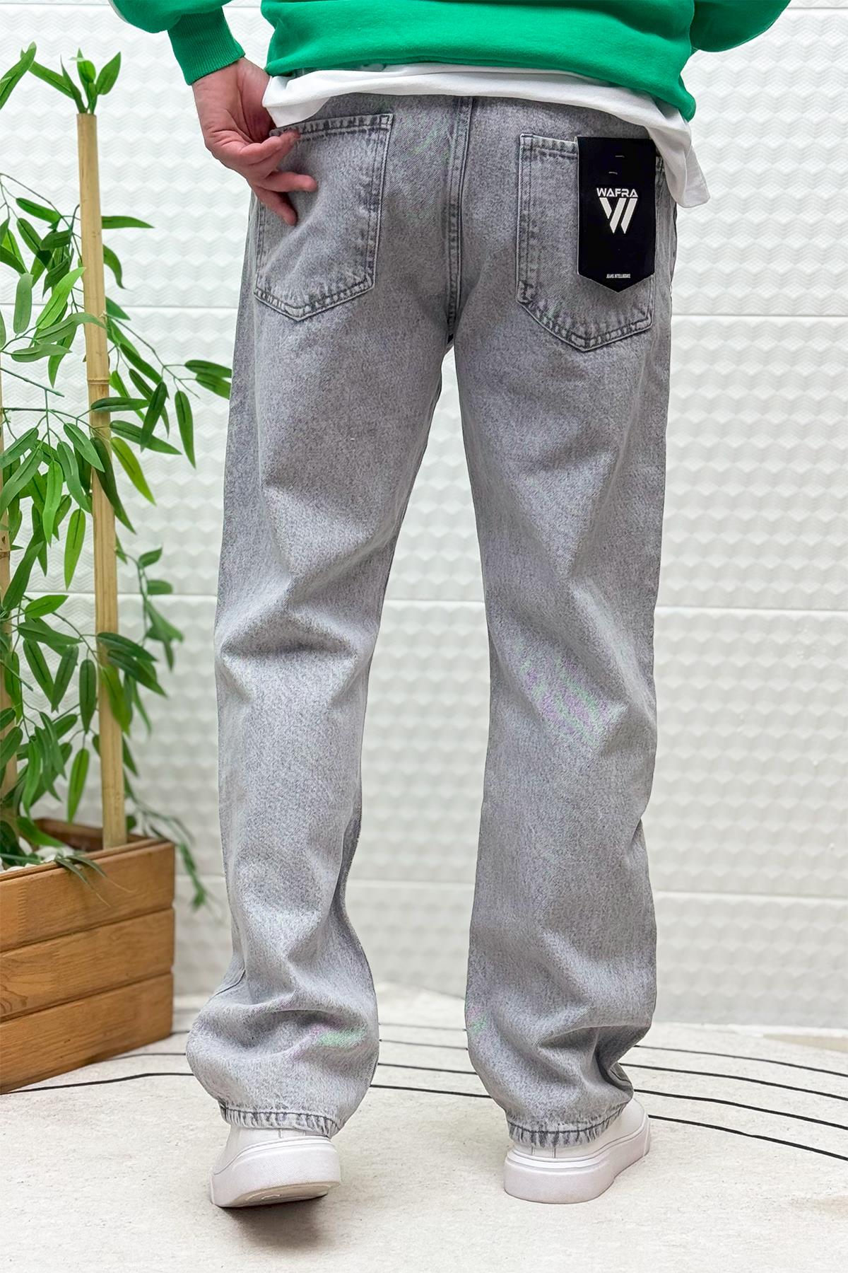 Erkek Beli Lastikli Rahat Kullanım Baggy Kot Pantolon - Açık Gri