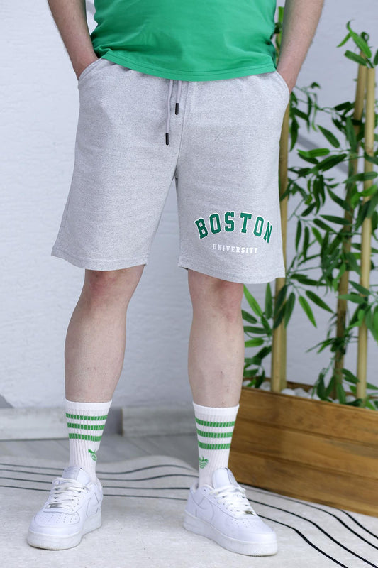 Erkek Boston Baskılı Yazlık penye Şort - Gri