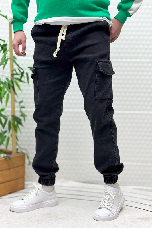 Erkek Boy Friend Kot Pantolon Kargo Cepli Bel Ve Paça Lastikli - Siyah