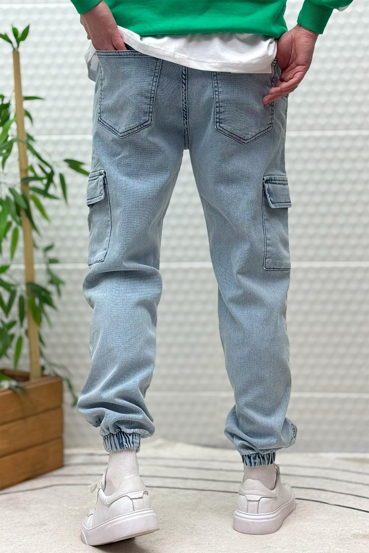 Erkek Boy Friend Kot Pantolon Kargo Cepli Bel Ve Paça Lastikli - Açık Mavi