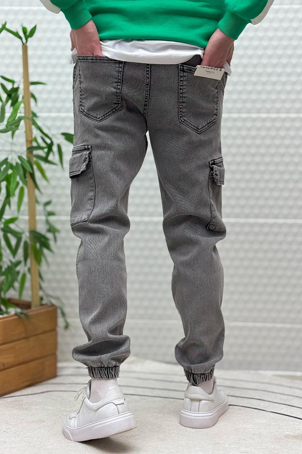 Erkek Boy Friend Kot Pantolon Kargo Cepli Bel Ve Paça Lastikli - Füme