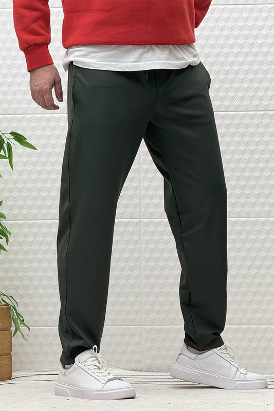 Erkek Düz Paça Çelik Örgü Kumaş Mevsimlik Klasik Pantalon - Haki Yeşil