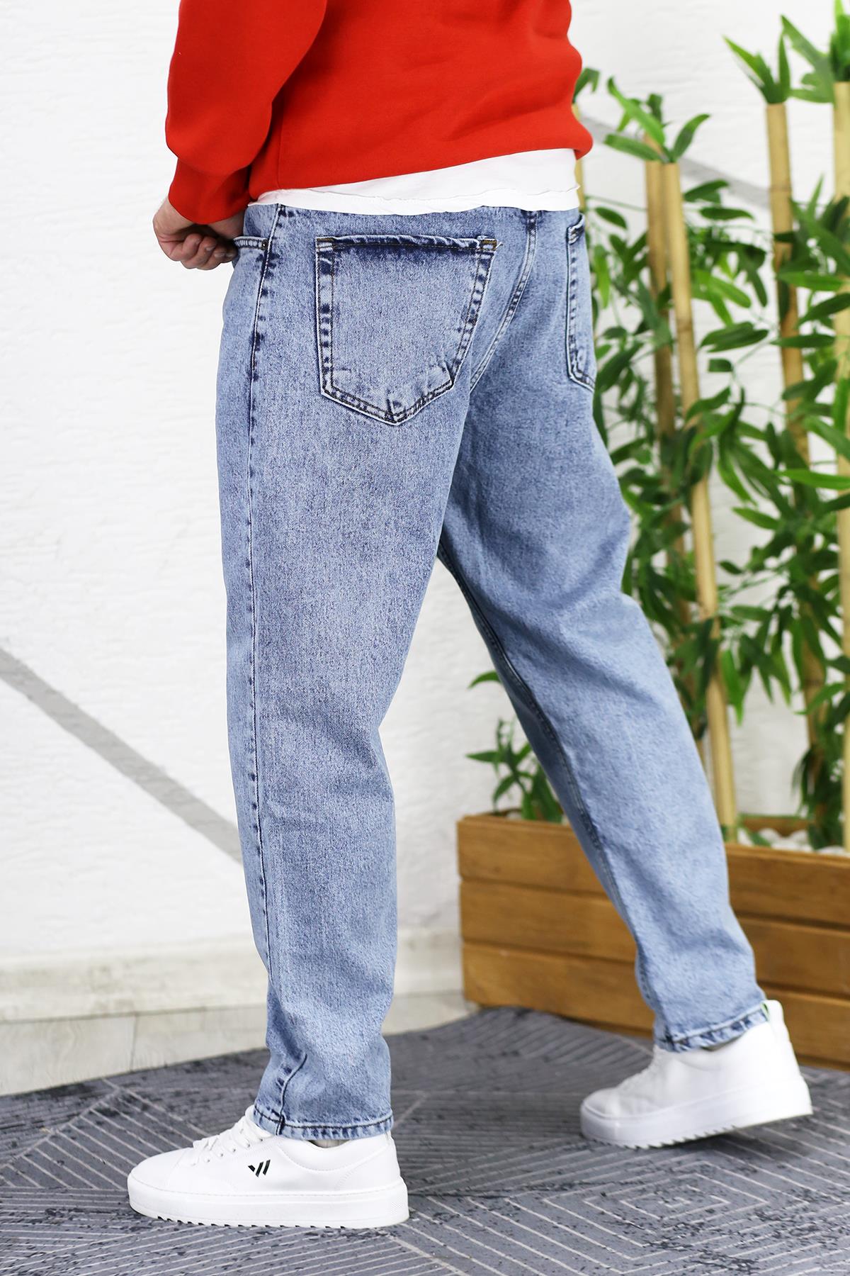 Erkek Düz Paça Yıkamalı Boyfriend Pantolon - Mavi