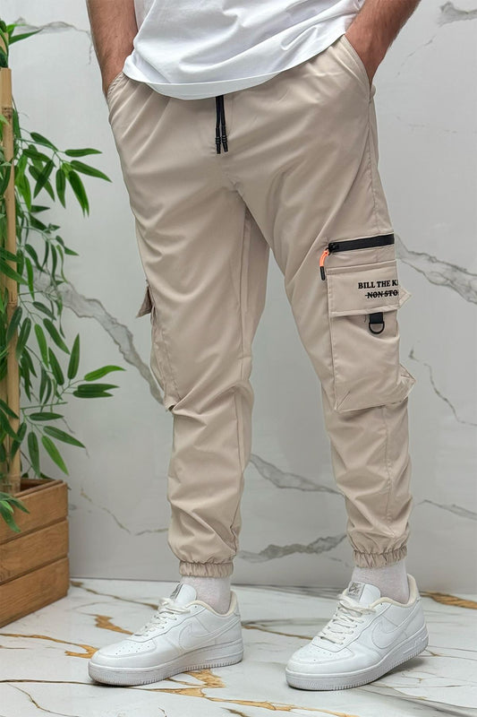 Erkek Fermuar Detaylı Paraşüt Kargo Pantolon (DAR KESİM) - Taş Rengi