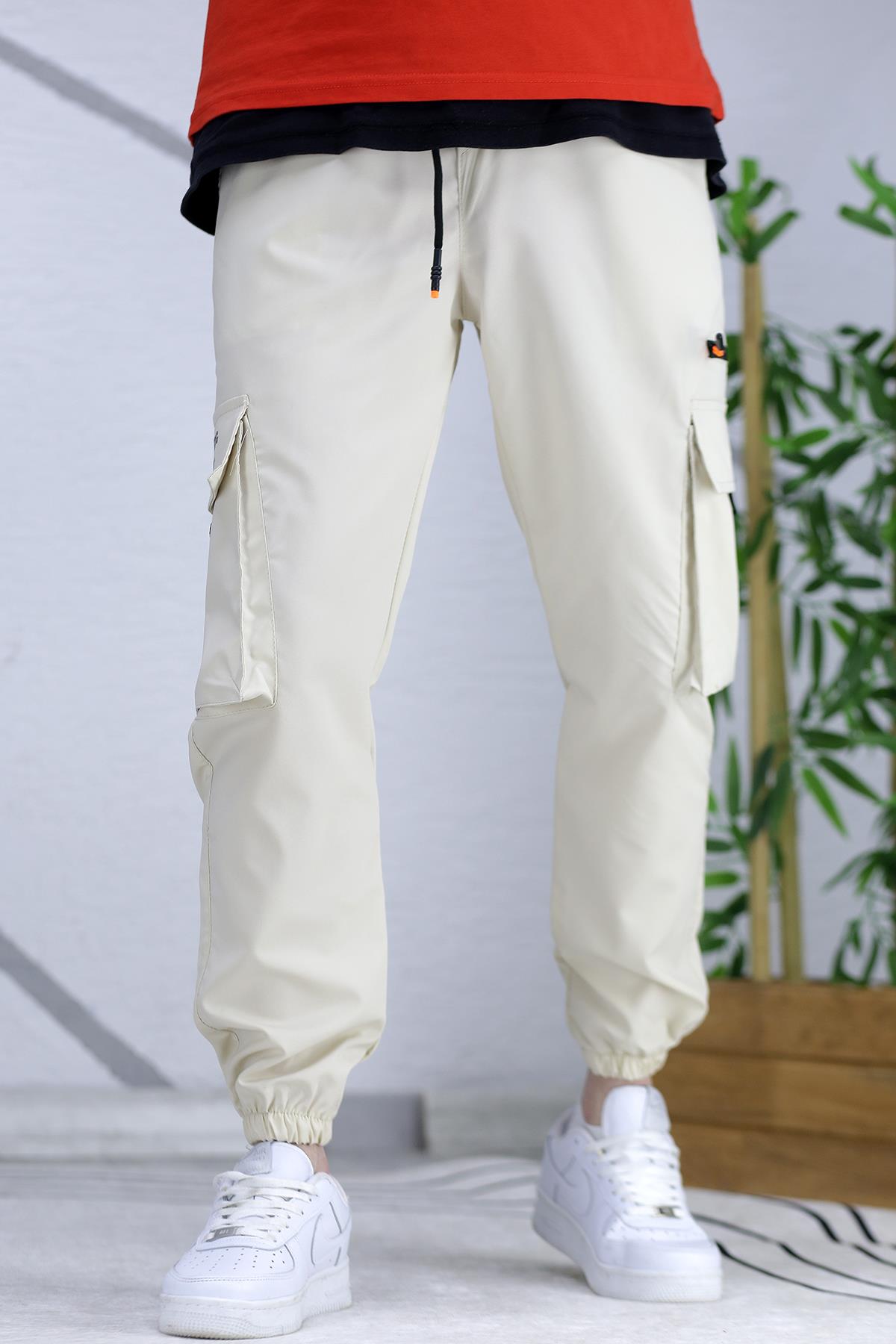 Erkek Fermuar Detaylı Paraşüt Kargo Pantolon (DAR KESİM) - Taş Rengi