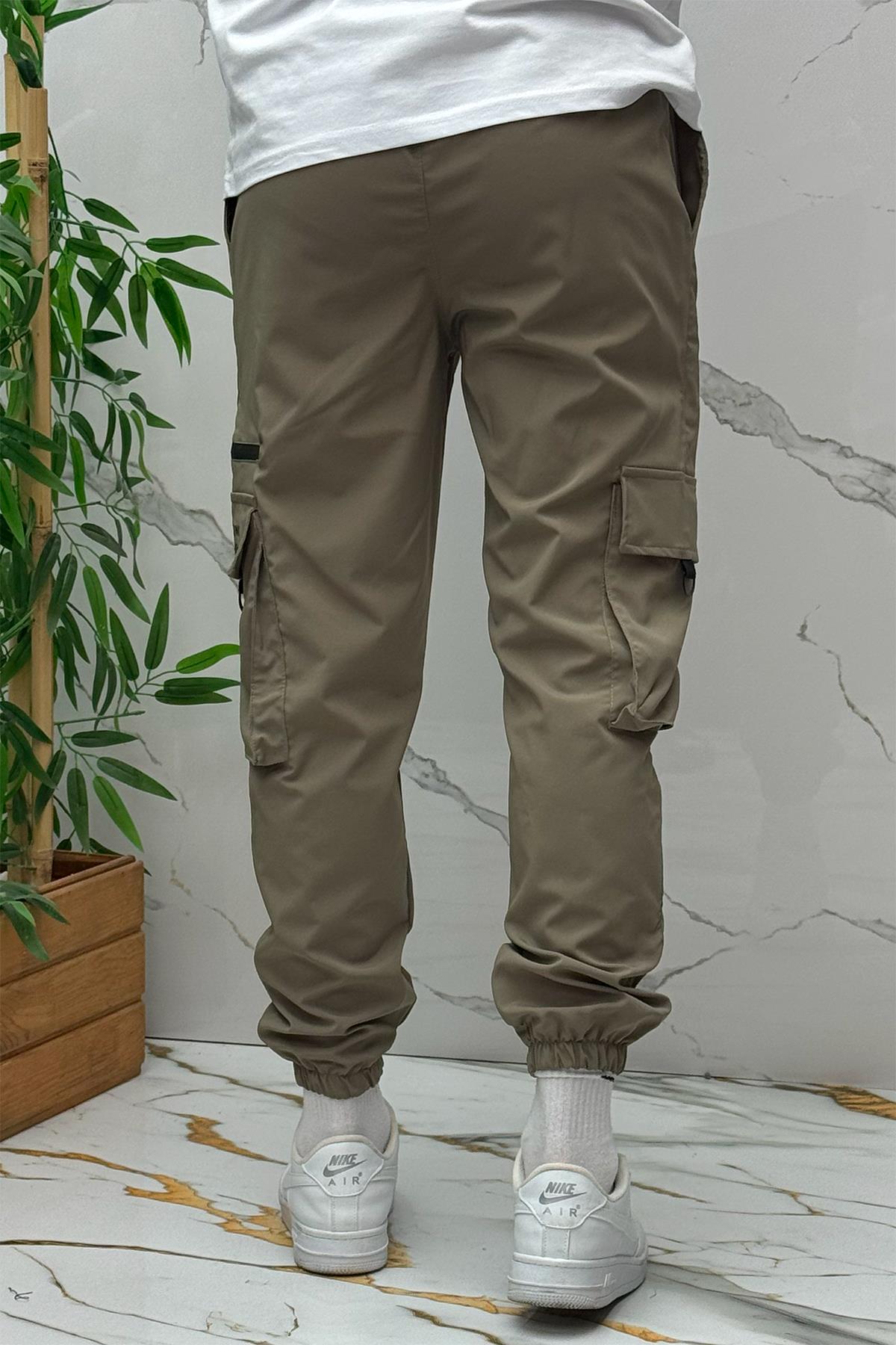 Erkek Fermuar Detaylı Paraşüt Kargo Pantolon (DAR KESİM) - Haki Yeşil