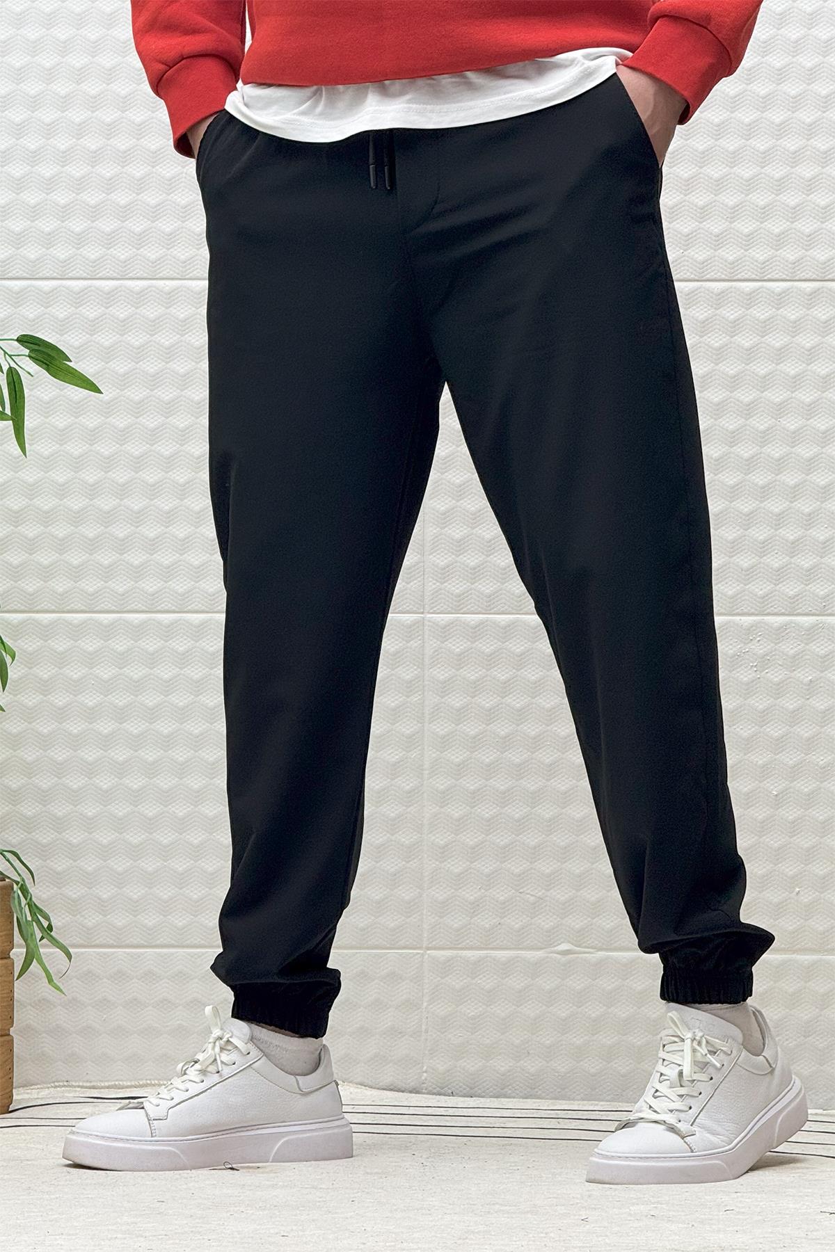 Erkek Full Likralı Paraşüt Kumaş Lastikli Jogger Pantolon - Siyah