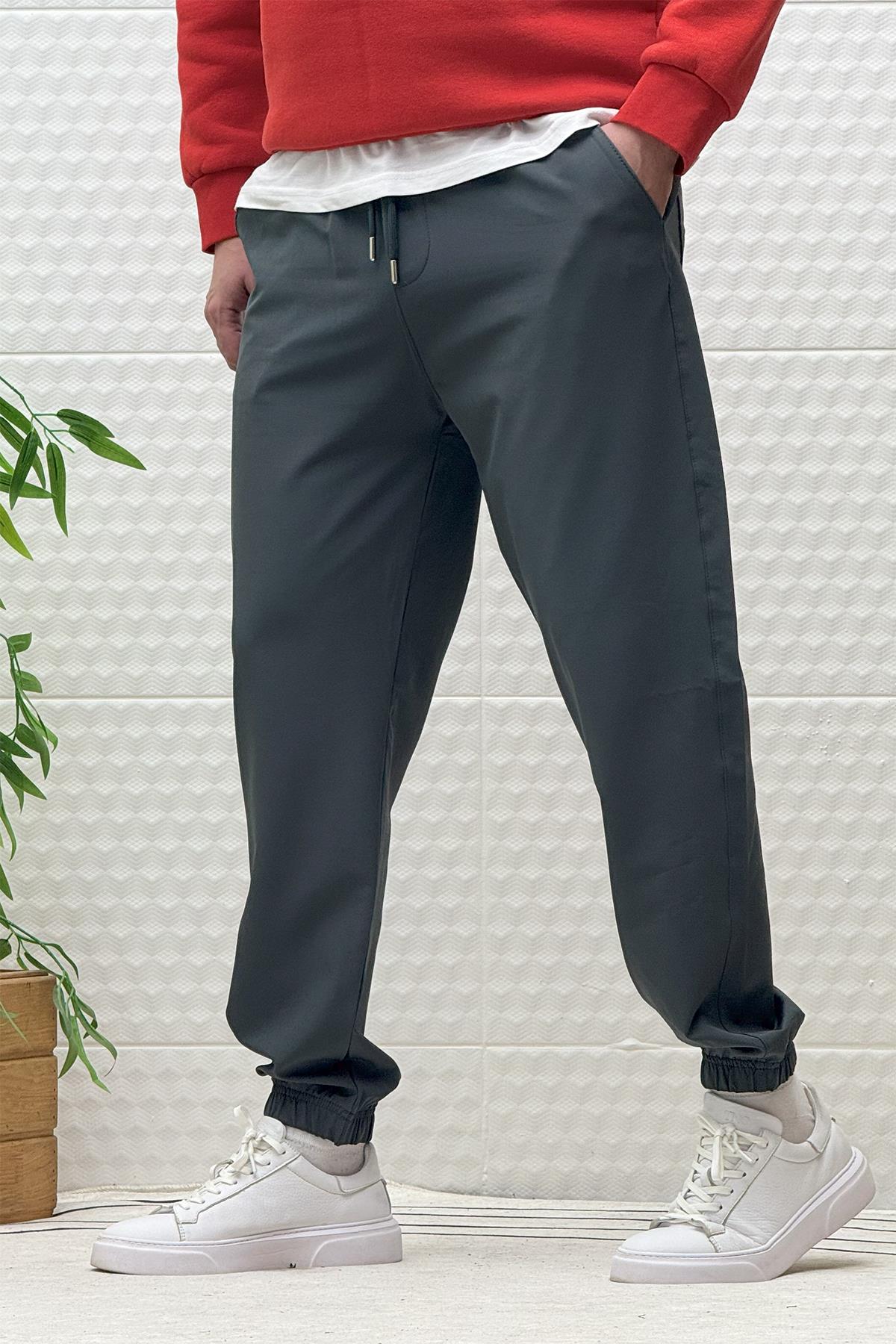 Erkek Full Likralı Paraşüt Kumaş Lastikli Jogger Pantolon - Füme