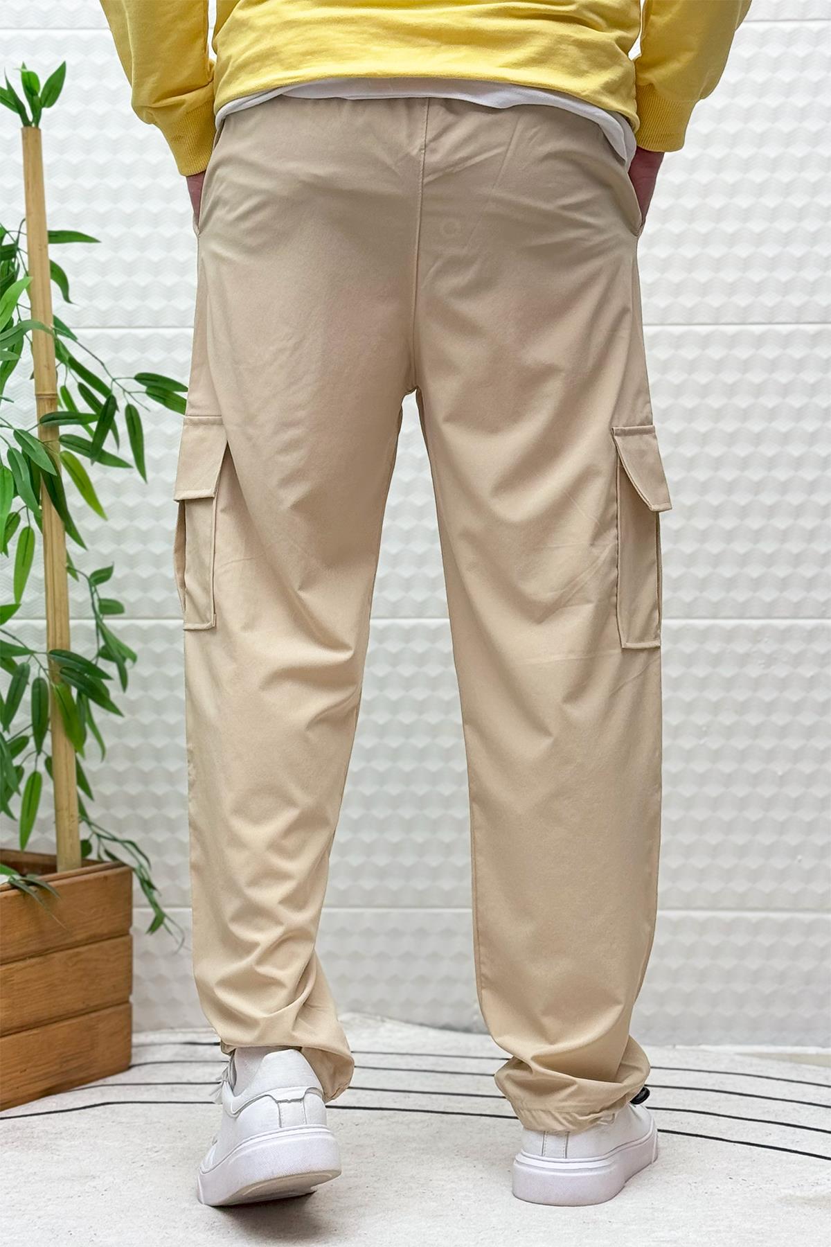 Erkek Full Likralı Rahat Kesim Kargo Cepli Baggy Jogger Pantolon - Bej