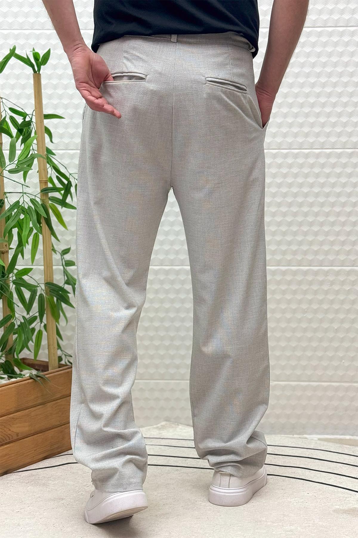 Erkek Gofre Keten Tiril Tiril Kumaş Baggy Pantolon - Gri