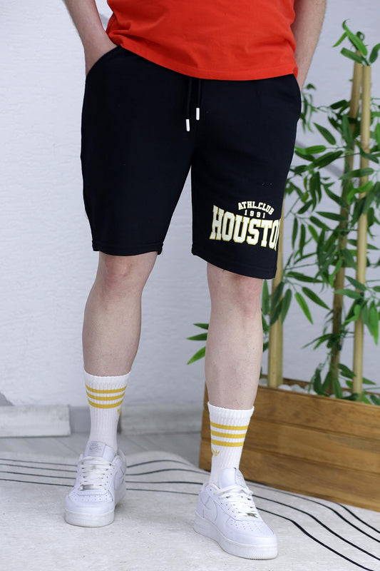 Erkek Houston Baskılı Yazlık penye Şort - Siyah