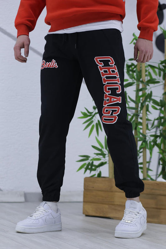 Chicago Baskılı Erkek İnce Yazlık Eşofman Altı 04 - Siyah