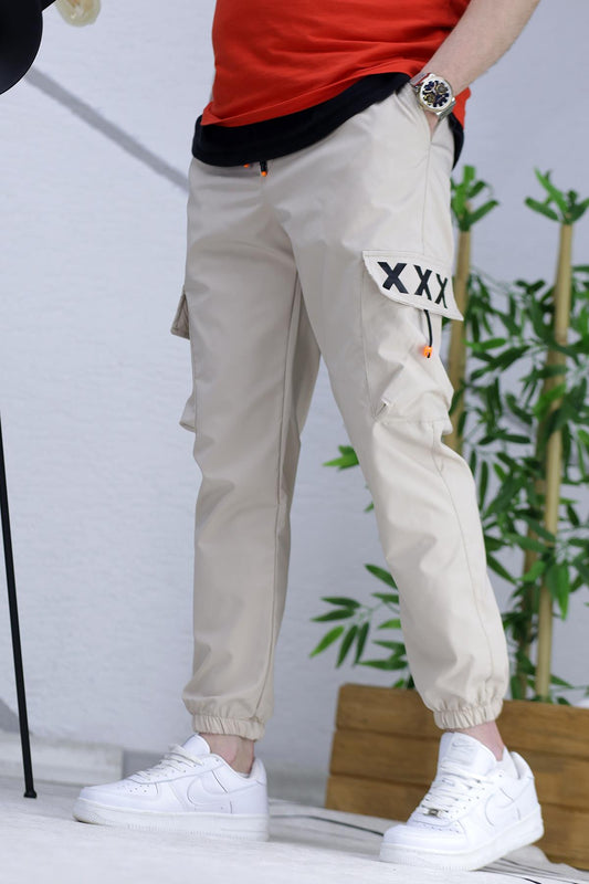 Erkek Jogger Paçası Lastikli Kargo Pantalon Xxx (DAR KESİM) - Bej