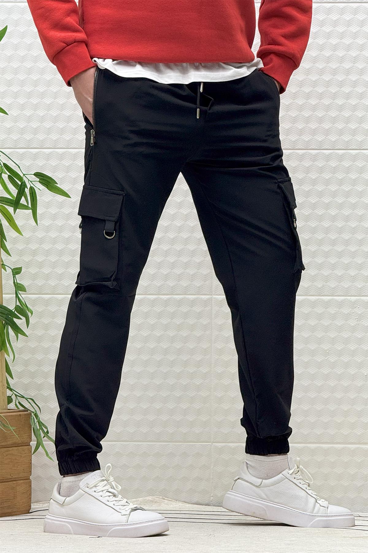 Erkek Kargo Cepli Fermuarlı Paraşüt Mevsimlik Jogger Pantolon - Siyah