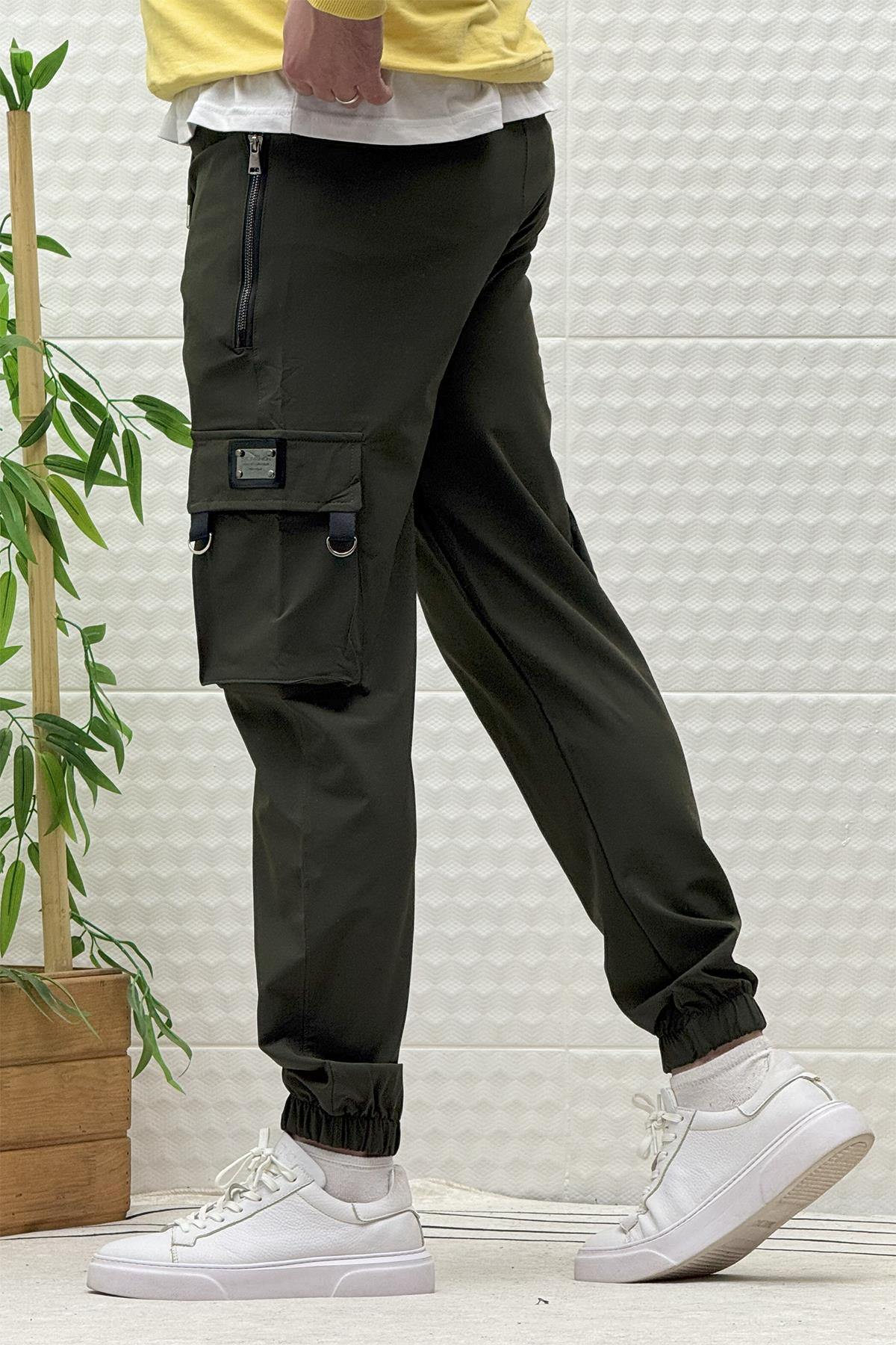 Erkek Kargo Cepli Fermuarlı Paraşüt Mevsimlik Jogger Pantolon - Haki Yeşil