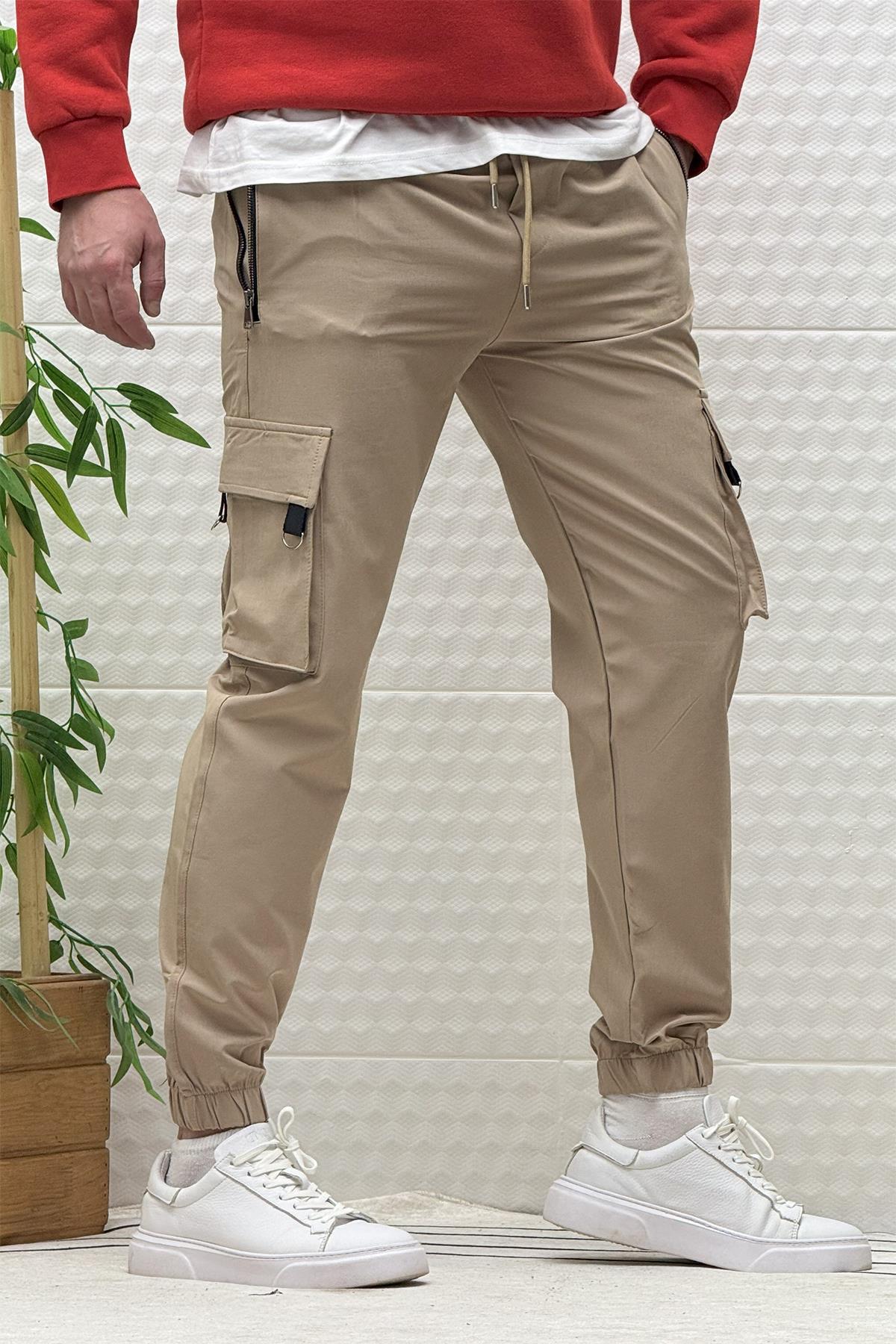 Erkek Kargo Cepli Fermuarlı Paraşüt Mevsimlik Jogger Pantolon - Vizon