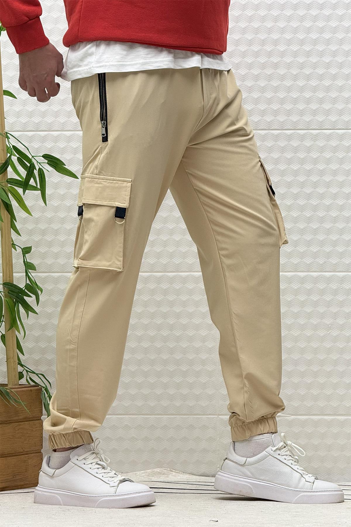 Erkek Kargo Cepli Fermuarlı Paraşüt Mevsimlik Jogger Pantolon - Bej