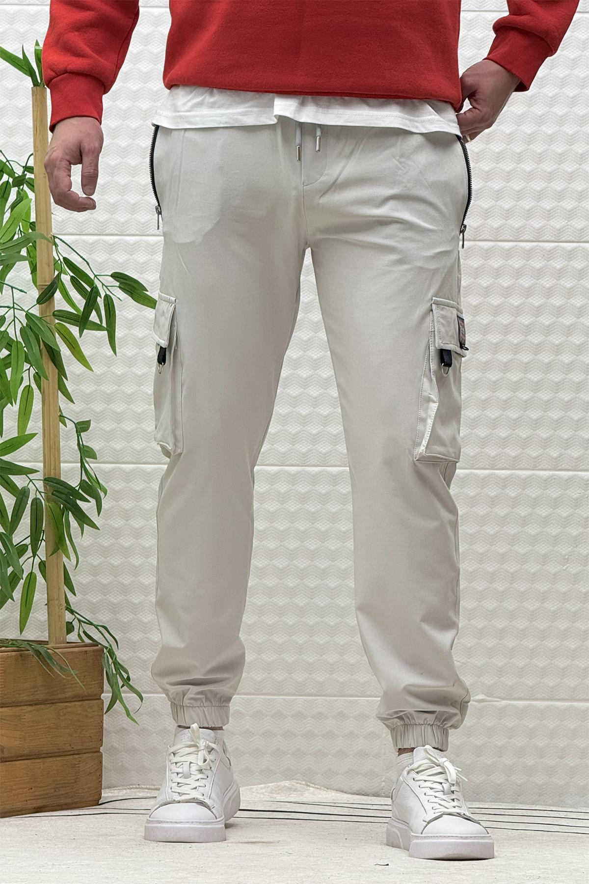 Erkek Kargo Cepli Fermuarlı Paraşüt Mevsimlik Jogger Pantolon - Açık Gri