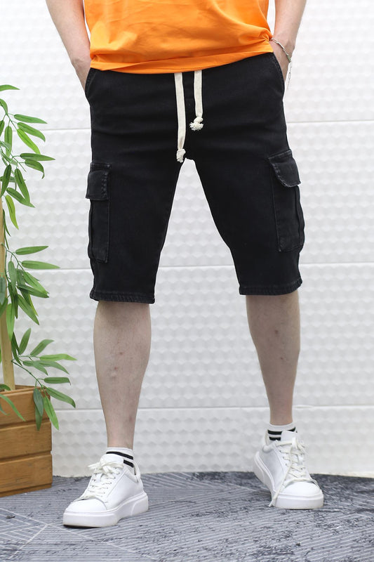 Erkek Kargo Cepli Kot Şort - Siyah
