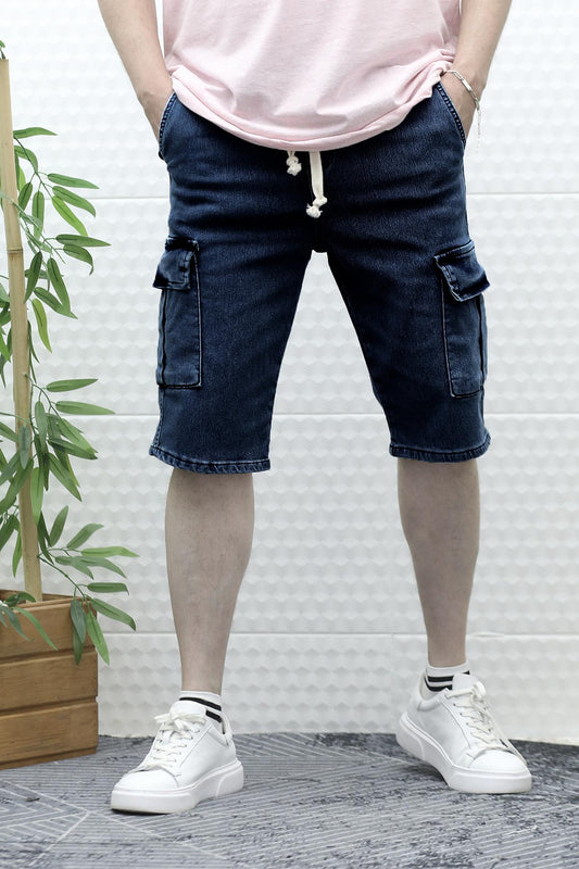 Erkek Kargo Cepli Kot Şort - Mavi