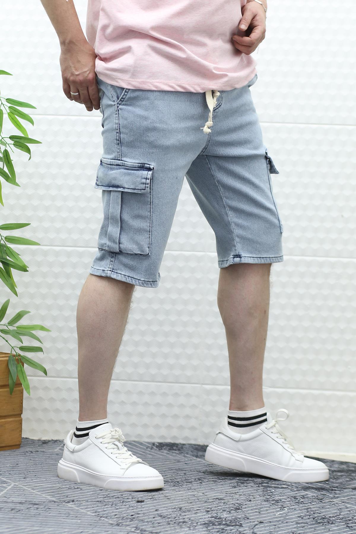 Erkek Kargo Cepli Kot Şort - Buz Mavi