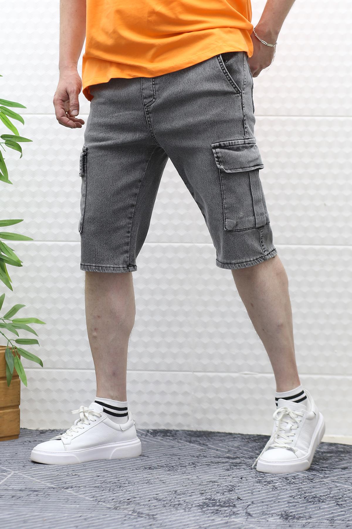 Erkek Kargo Cepli Kot Şort - Gri