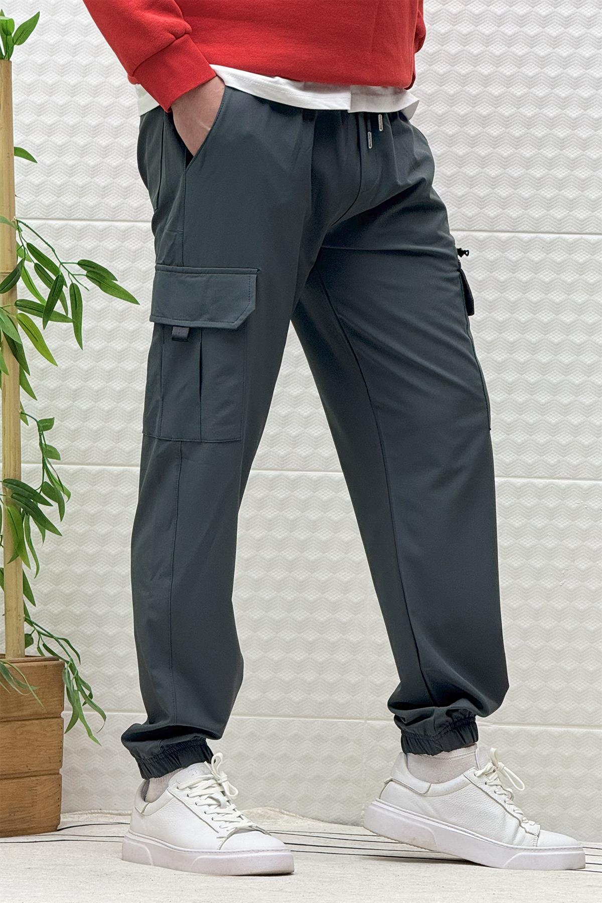 Erkek Kargo Cepli Modelli Paraşüt Jogger Pantolon - Füme