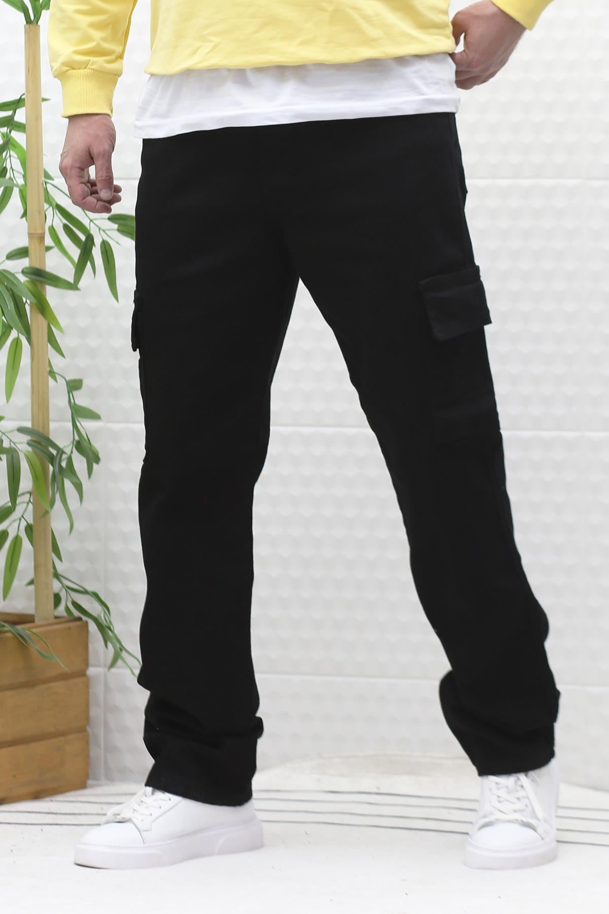 Erkek Kargo Cepli Rahat Kesim Baggy Kot Pantolon - Siyah