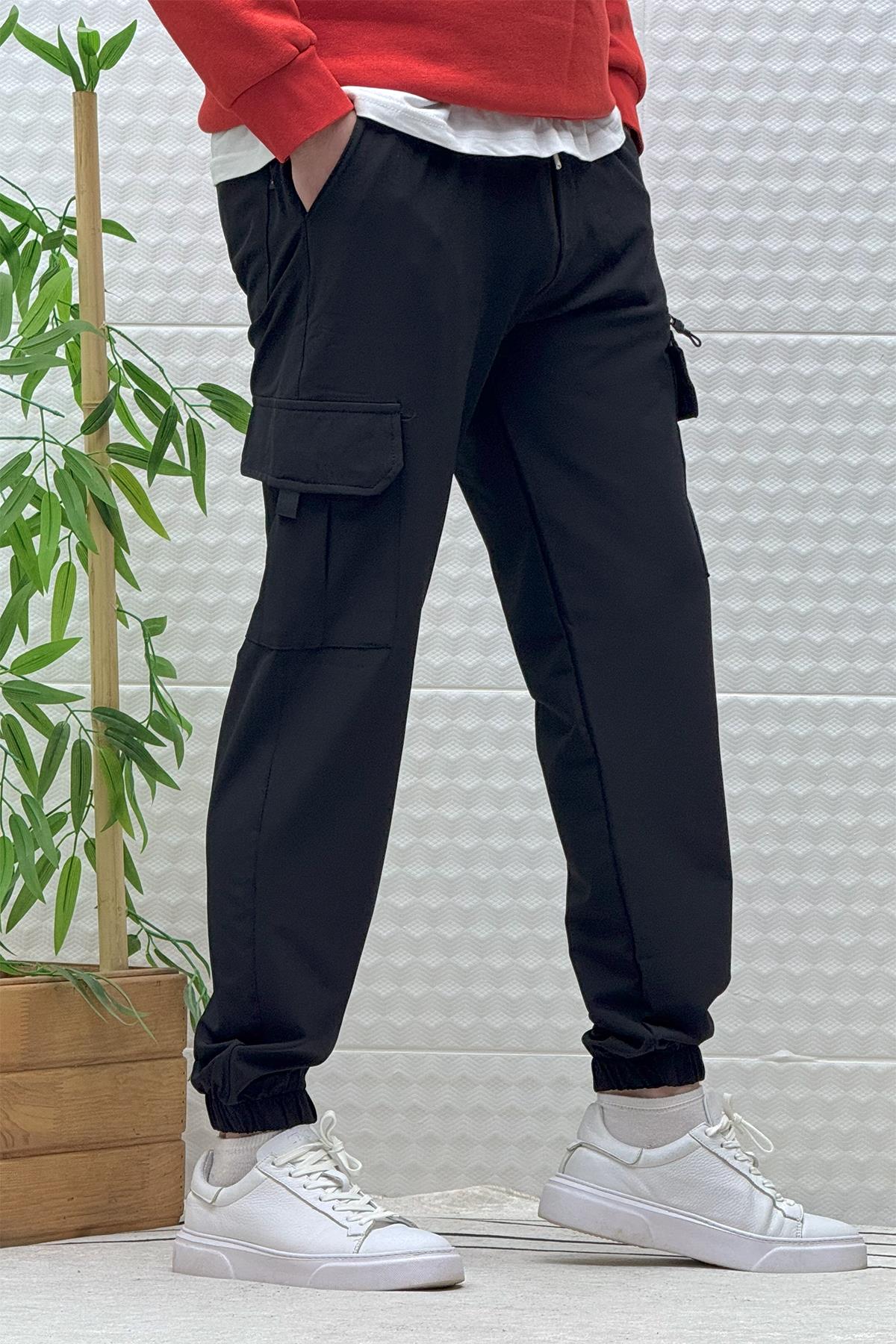 Erkek Kargo Cepli Rahat Kullanım Paraşüt Jogger Pantolon - Siyah