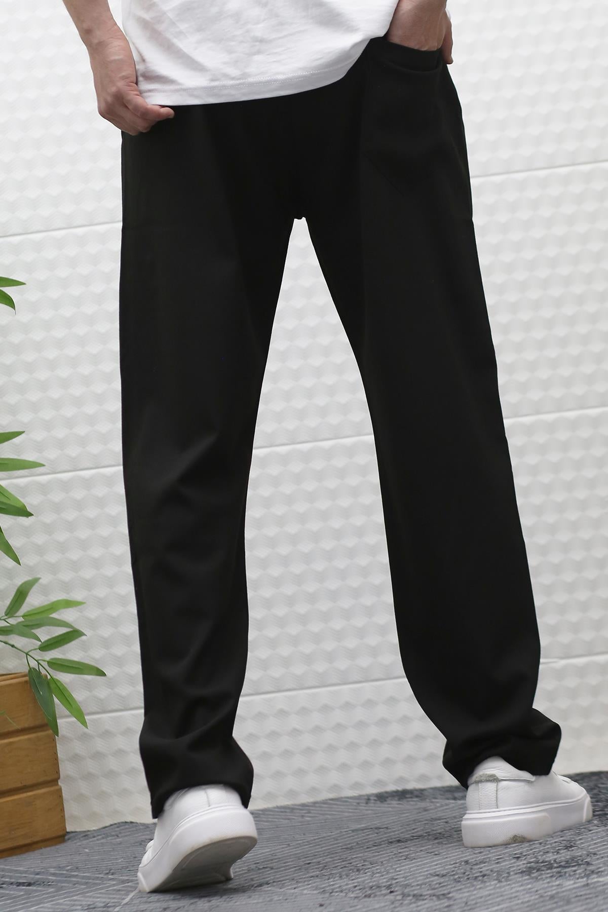 Erkek Yazlık Kumaş Baggy Beli Lastikli Pantolon - Siyah