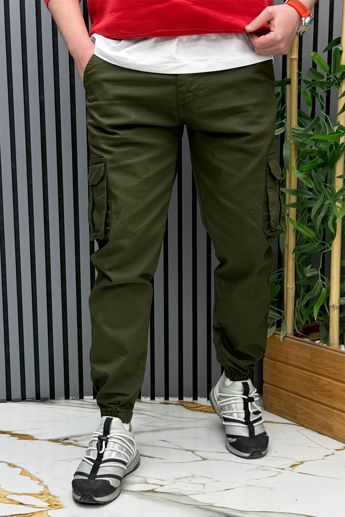Erkek Keten Likralı Gabardin Kargo Cepli Pantolon (6 CEPLİ) - Haki Yeşil