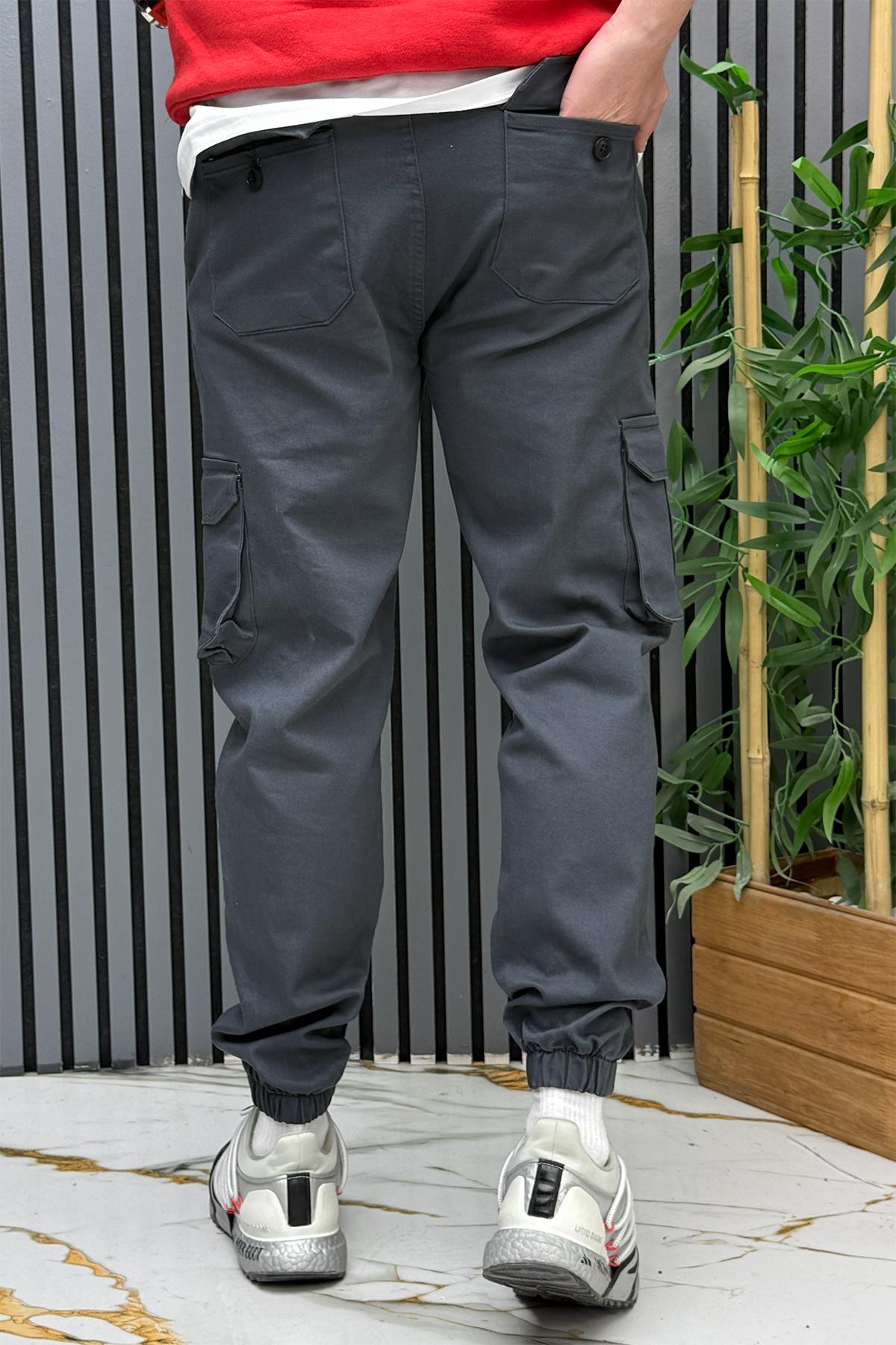 Erkek Keten Likralı Gabardin Kargo Cepli Pantolon (6 CEPLİ) - Antrasit