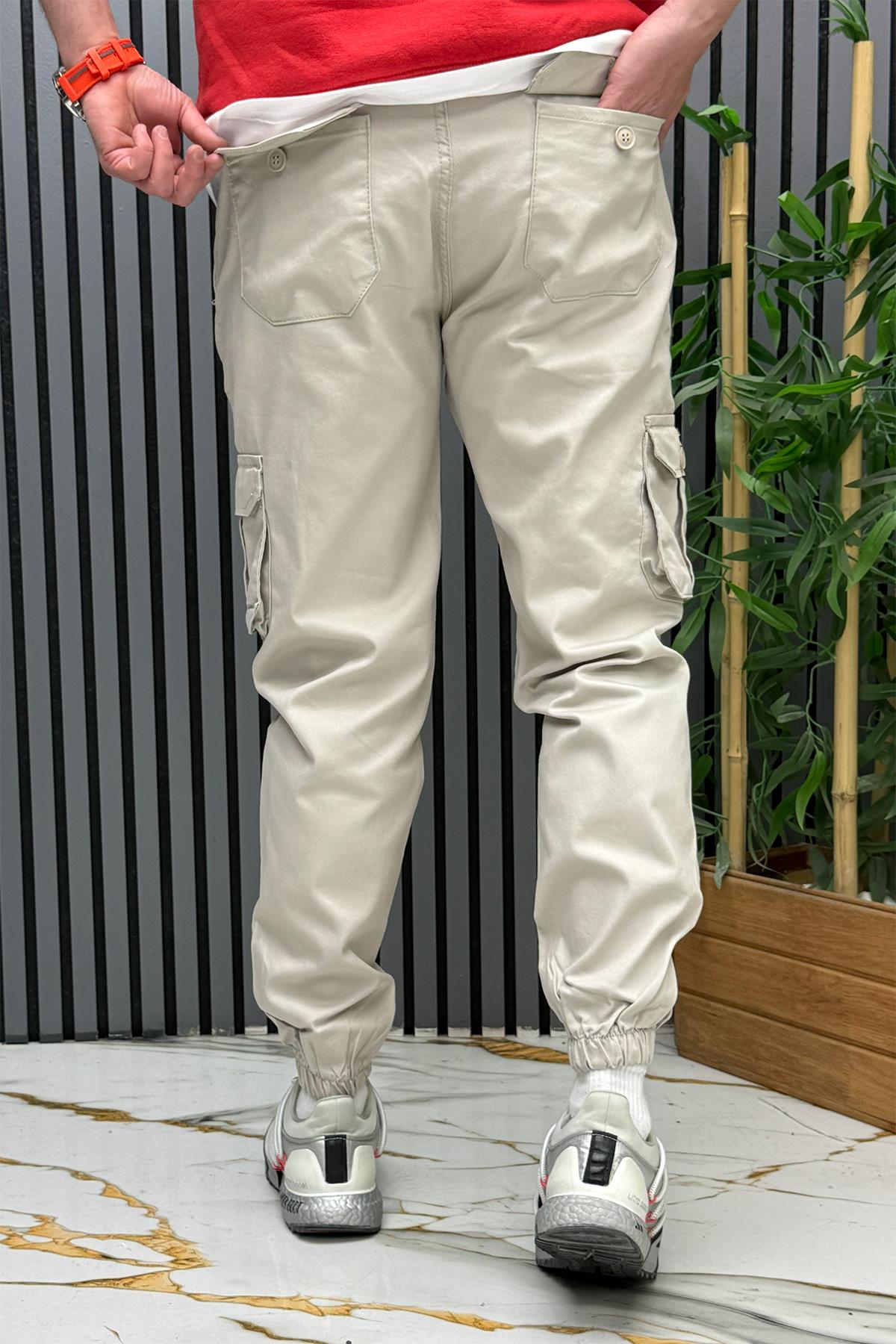 Erkek Keten Likralı Gabardin Kargo Cepli Pantolon (6 CEPLİ) - Taş Rengi