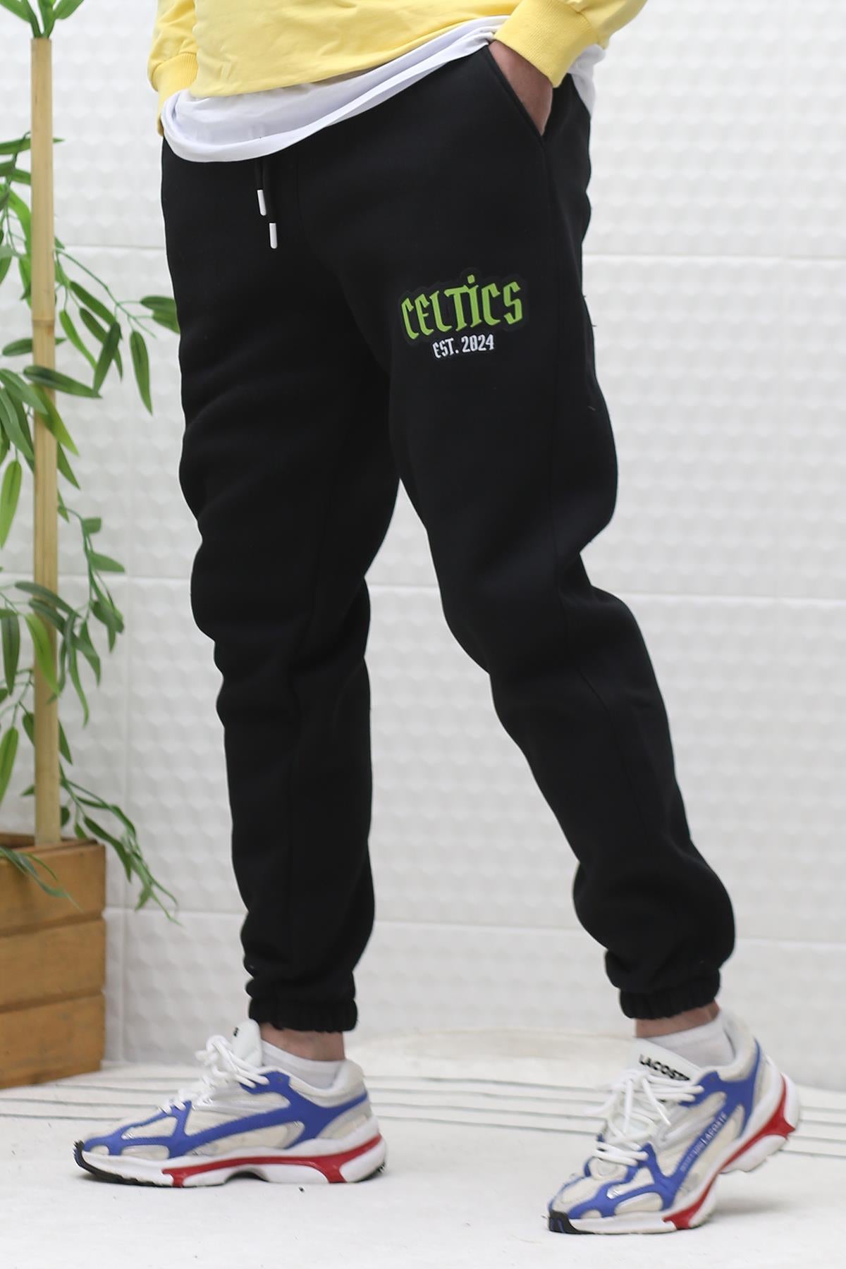 Erkek Kışlık 3 İplik Şardonlu Eşofman Altı Celtic Baskı - Siyah