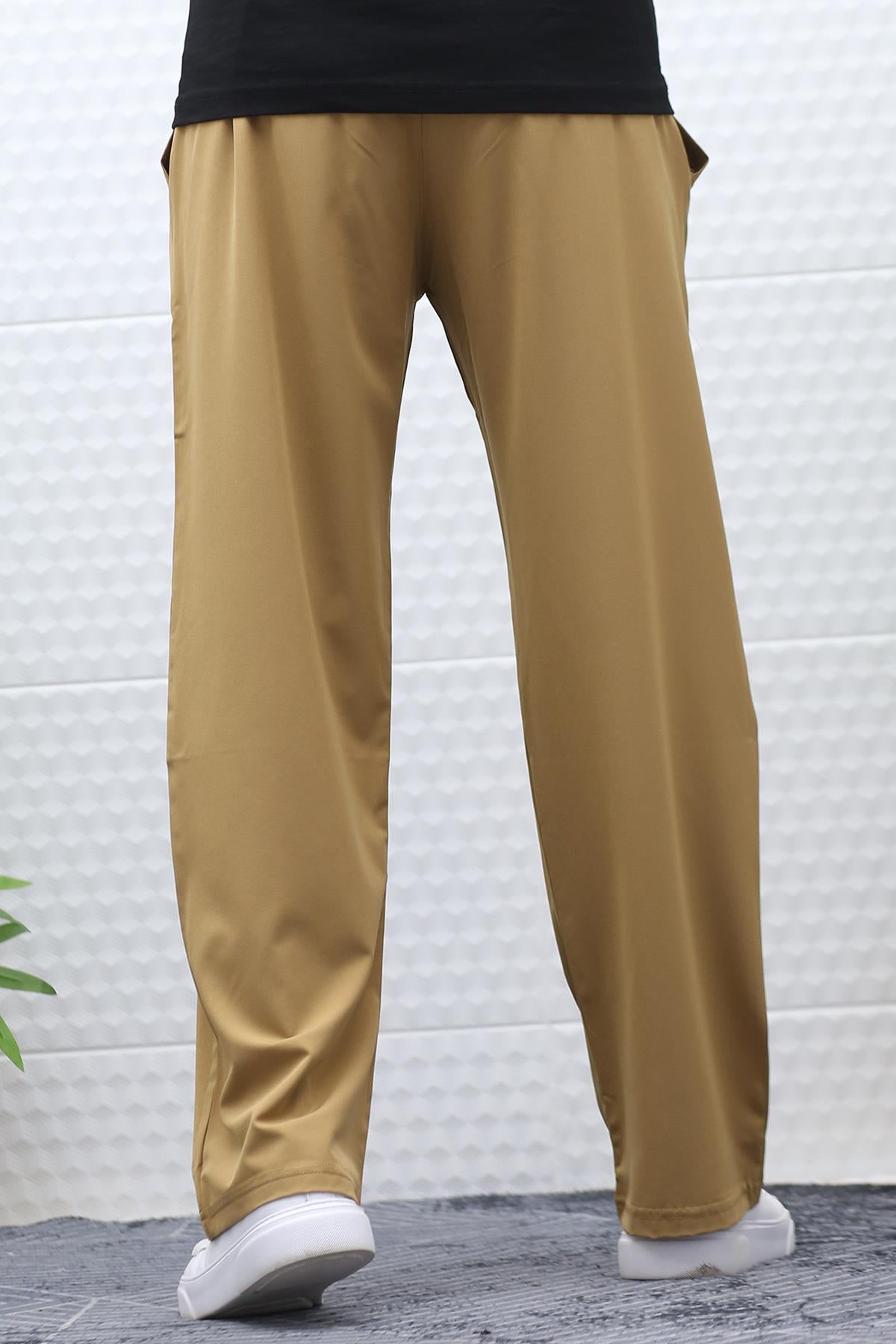 Erkek Likralı Baggy Pantolon Düz Paça Paraşüt Kumaş Pantolon - Tarçın