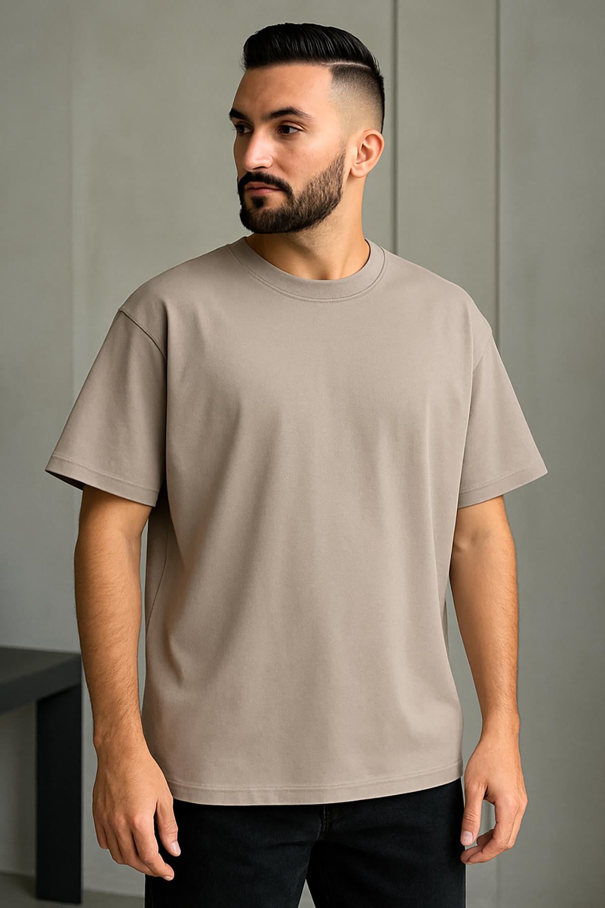 Erkek Oversize Tshirt (Bol Kalıp) Premium Kalite Düz Model - Açık Kahve