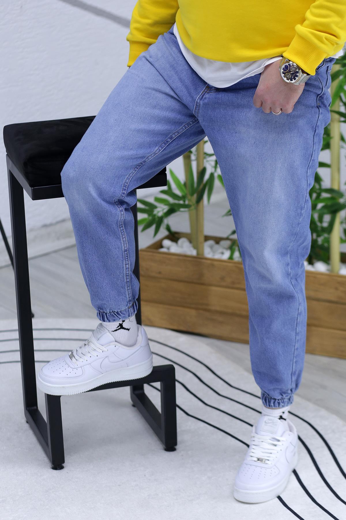 Erkek Paçası Lastikli Boyfriend Kot Pantalon 656 - Mavi