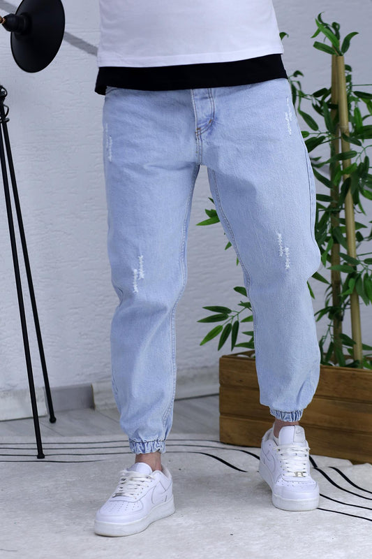 Erkek Paçası Lastikli Tırnaklı Boyfiren Kot Pnt. 646 - Açık Mavi
