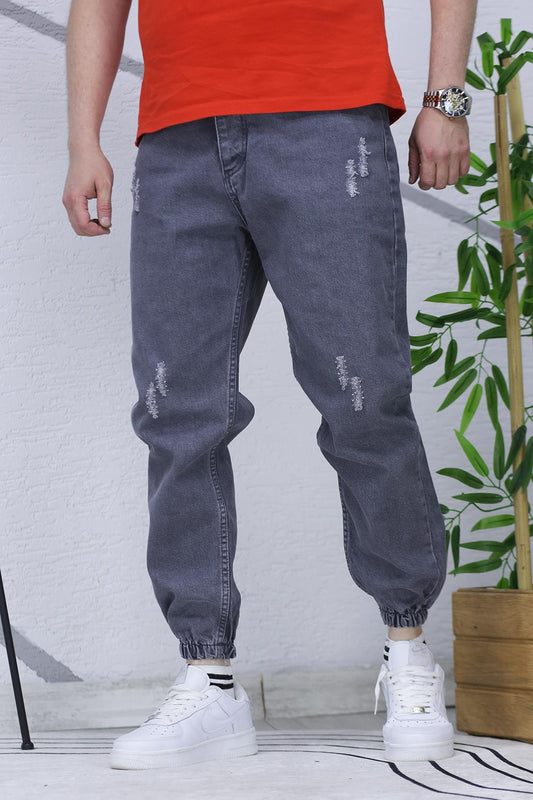 Erkek Paçası Lastikli Tırnaklı Boyfiren Kot Pnt. 646 - Füme