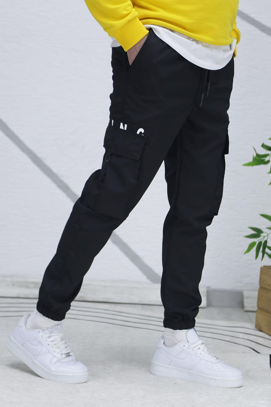 Erkek Paraşüt Jogger Paçası Lastikli Pantolon (DAR KESİM) - Siyah