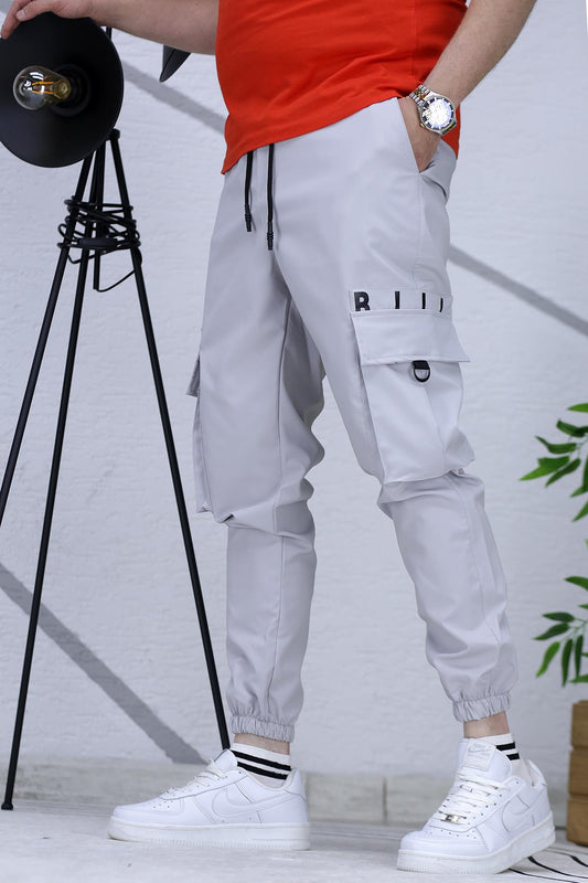 Erkek Paraşüt Jogger Paçası Lastikli Pantolon (DAR KESİM) - Gri