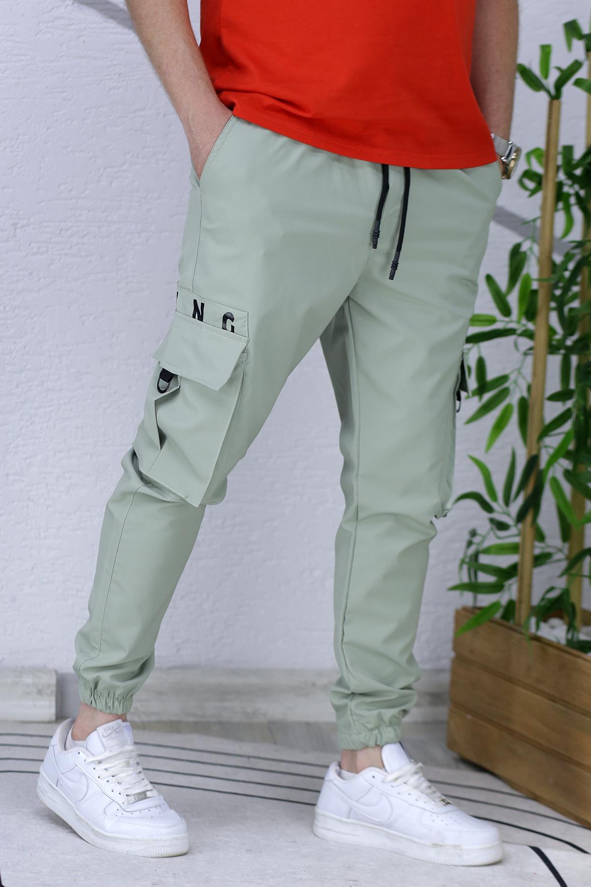 Erkek Paraşüt Jogger Paçası Lastikli Pantolon (DAR KESİM) - Su Yeşili