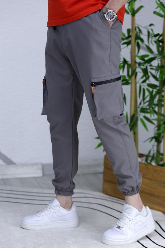 Erkek Paraşüt Kumaş Kargo Jogger Pantalon (DAR KESİM) - Koyu Gri