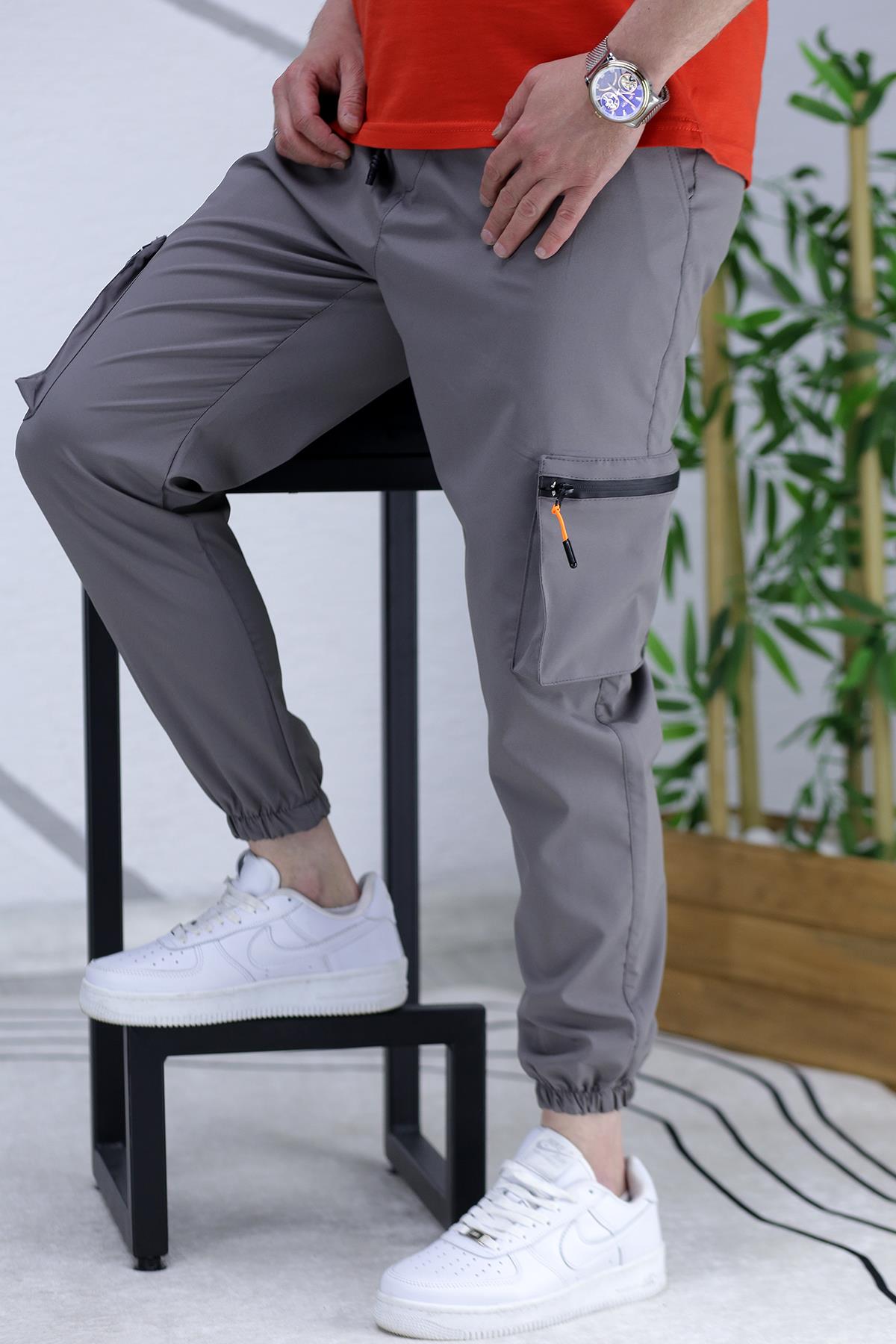 Erkek Paraşüt Kumaş Kargo Jogger Pantalon (DAR KESİM) - Koyu Gri